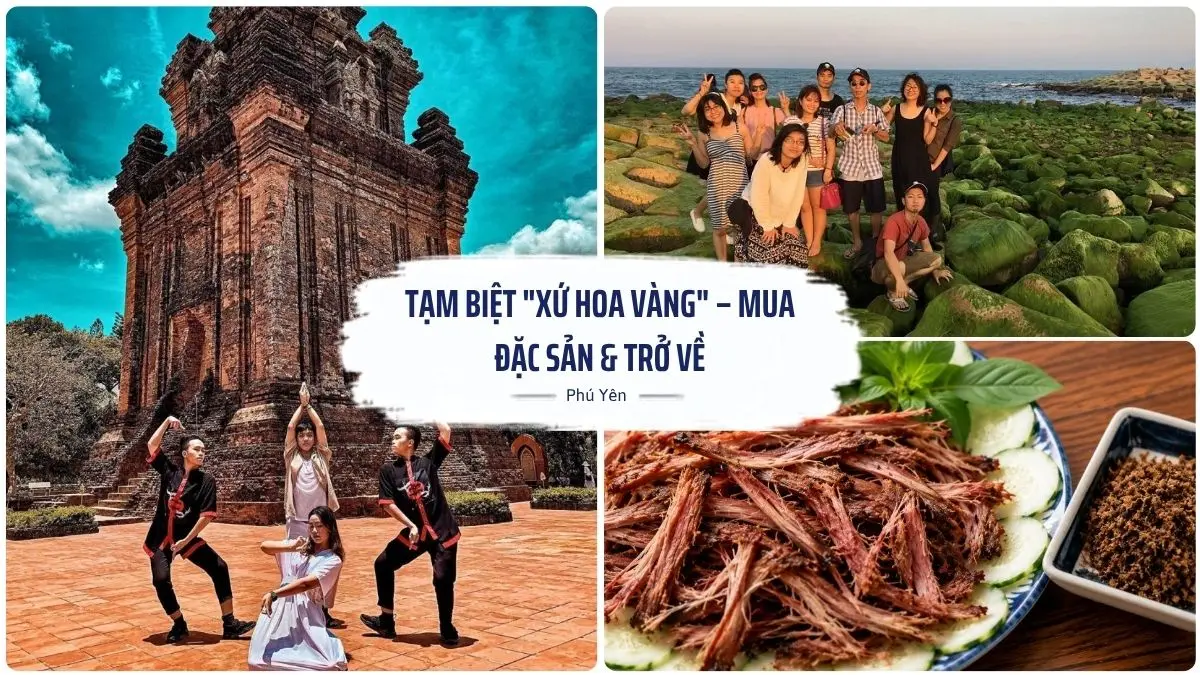 Ảnh minh họa trong lịch trình Phú Yên, bao gồm Tháp Nhạn, Kè chắn sóng Xóm Rớ và sân bay Tuy Hòa