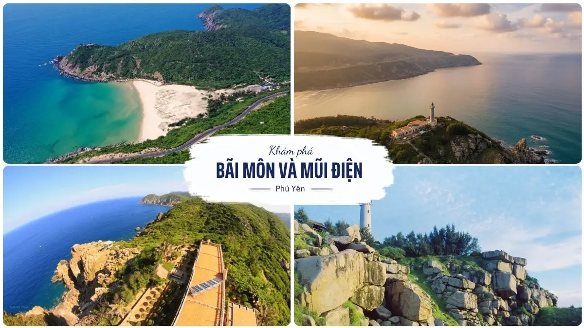 Toàn cảnh Bãi Môn và Mũi Điện từ trên cao vào mùa khô, với bãi cát trắng mịn, nước biển trong xanh và ngọn hải đăng sừng sững