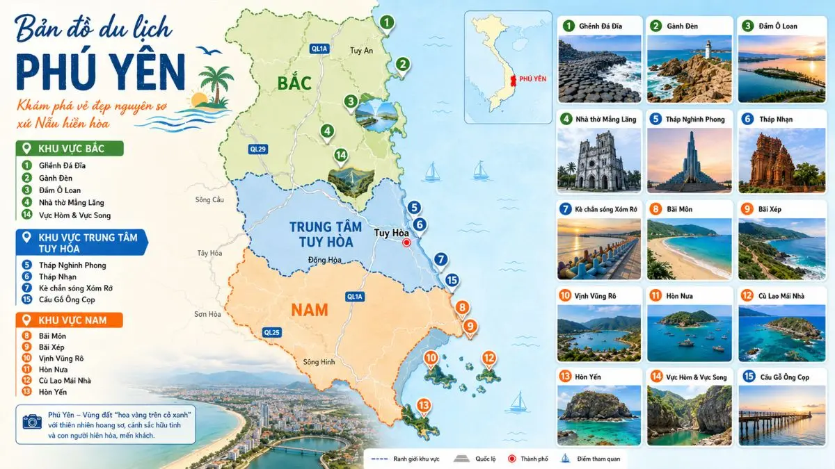 Bản đồ du lịch Phú Yên chi tiết với các điểm tham quan nổi bật được ghim và phân loại theo khu vực Bắc, Trung, Nam để du khách dễ dàng lên lịch trình