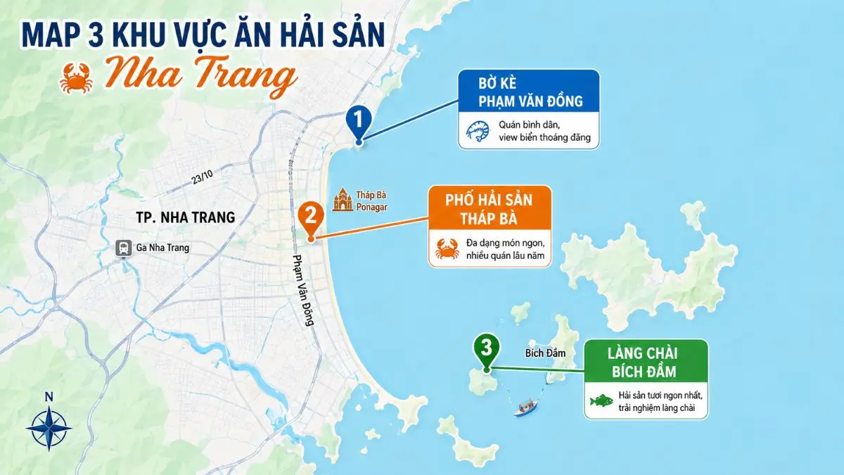 nfographic bản đồ thành phố Nha Trang với ba khu vực ăn hải sản được khoanh vùng và ghi chú: Bờ kè Phạm Văn Đồng, Phố Tháp Bà, và Làng chài Bích Đầm
