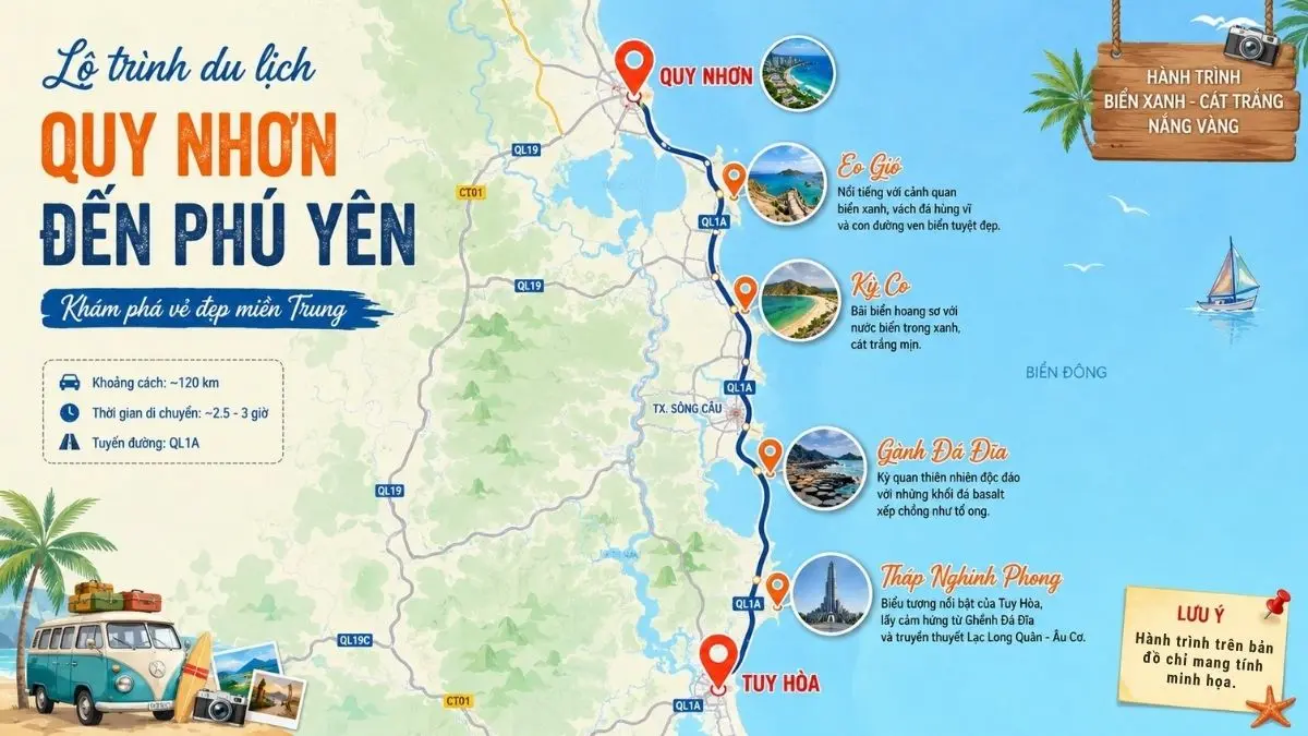 Bản đồ du lịch cách điệu thể hiện lộ trình từ Quy Nhơn đến Phú Yên, ghim các địa danh nổi tiếng như Eo Gió, Kỳ Co, Gành Đá Đĩa và Tháp Nghinh Phong. Hình ảnh chỉ mang tính chất minh họa