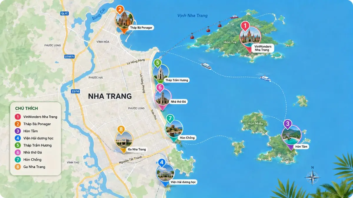 Bản đồ khu vực thành phố Nha Trang và các hòn đảo lân cận, với các biểu tượng ghim vị trí của VinWonders, Tháp Bà, Hòn Tằm, và các điểm tham quan khác