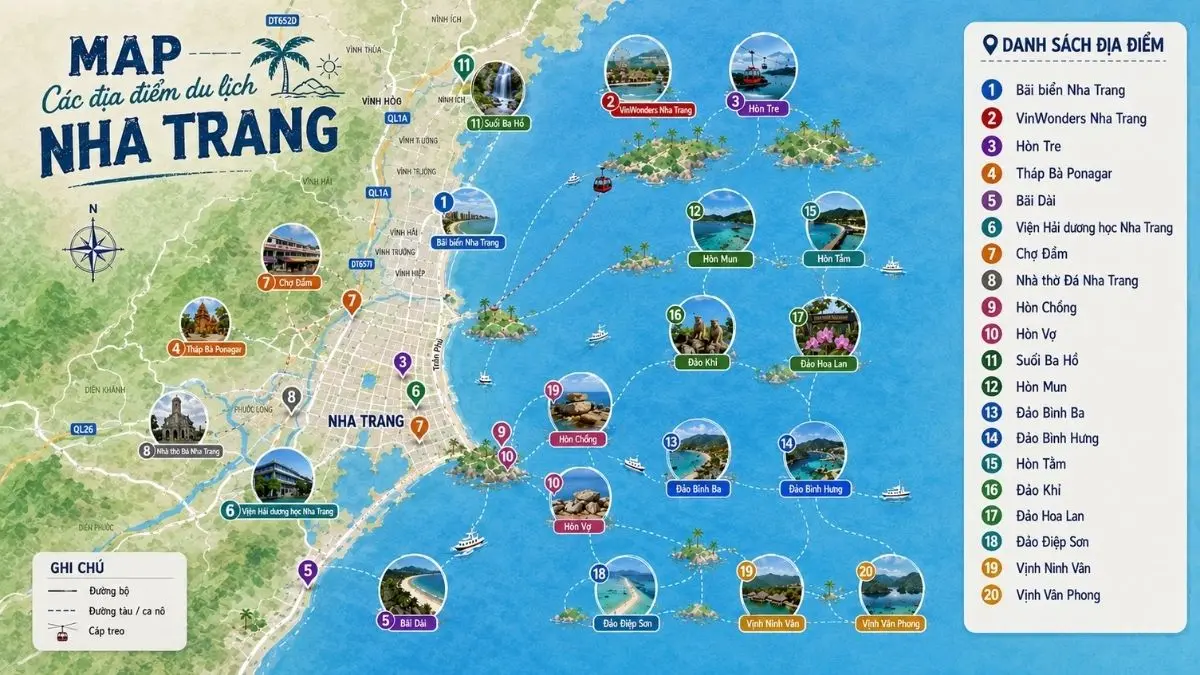 Ảnh chụp màn hình bản đồ Google Maps hiển thị khu vực Nha Trang với các địa điểm du lịch nổi tiếng đã được ghim sẵn