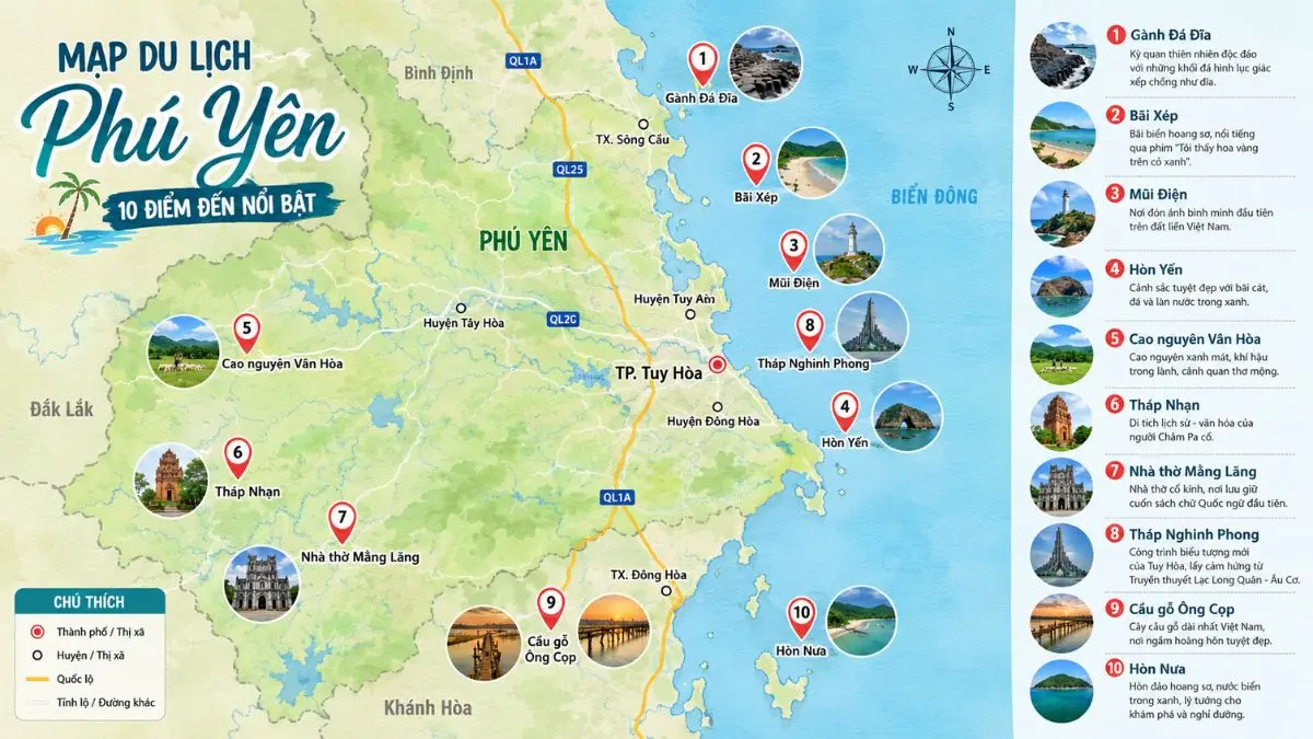 Bản đồ du lịch Phú Yên được minh họa với các biểu tượng cho Gành Đá Đĩa, Mũi Điện, Tháp Nghinh Phong và các địa danh nổi tiếng khác