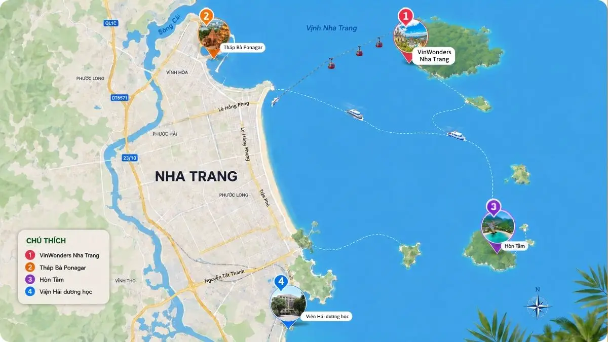 Infographic bản đồ du lịch Nha Trang thể hiện các địa điểm nổi bật như VinWonders, Tháp Bà Ponagar, Hòn Tằm, và Viện Hải dương học