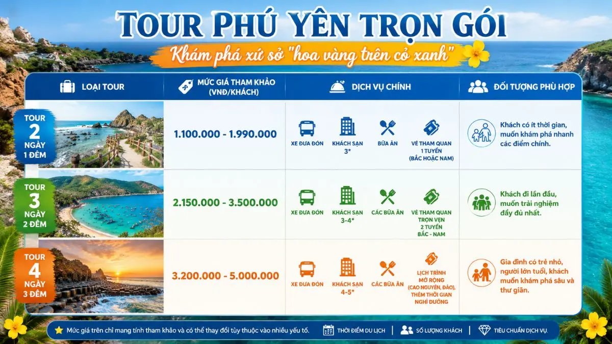 Infographic bảng giá các loại tour Phú Yên 2 ngày 1 đêm, 3 ngày 2 đêm, và 4 ngày 3 đêm với mức giá và dịch vụ đi kèm