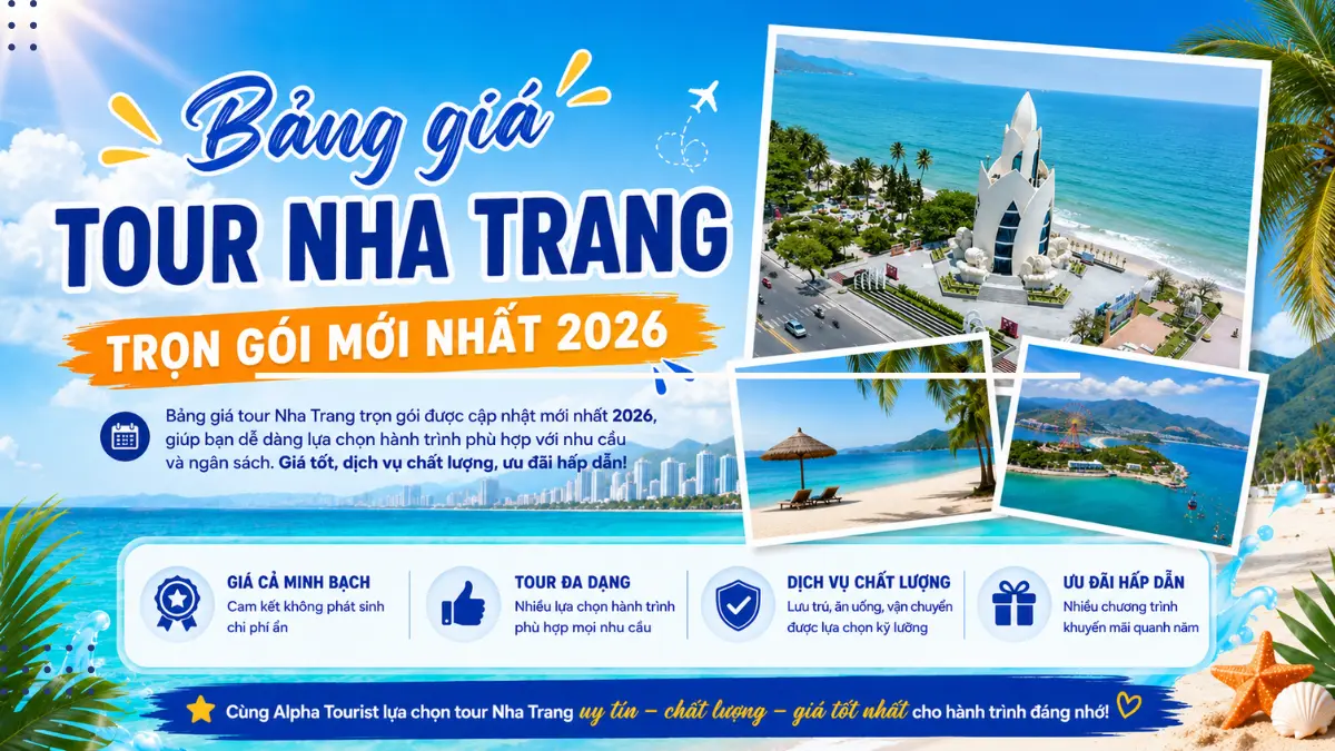 Infographic bảng giá tour Nha Trang 2026 với các cột loại tour, thời gian, giá tham khảo và dịch vụ bao gồm, thiết kế hiện đại và dễ nhìn