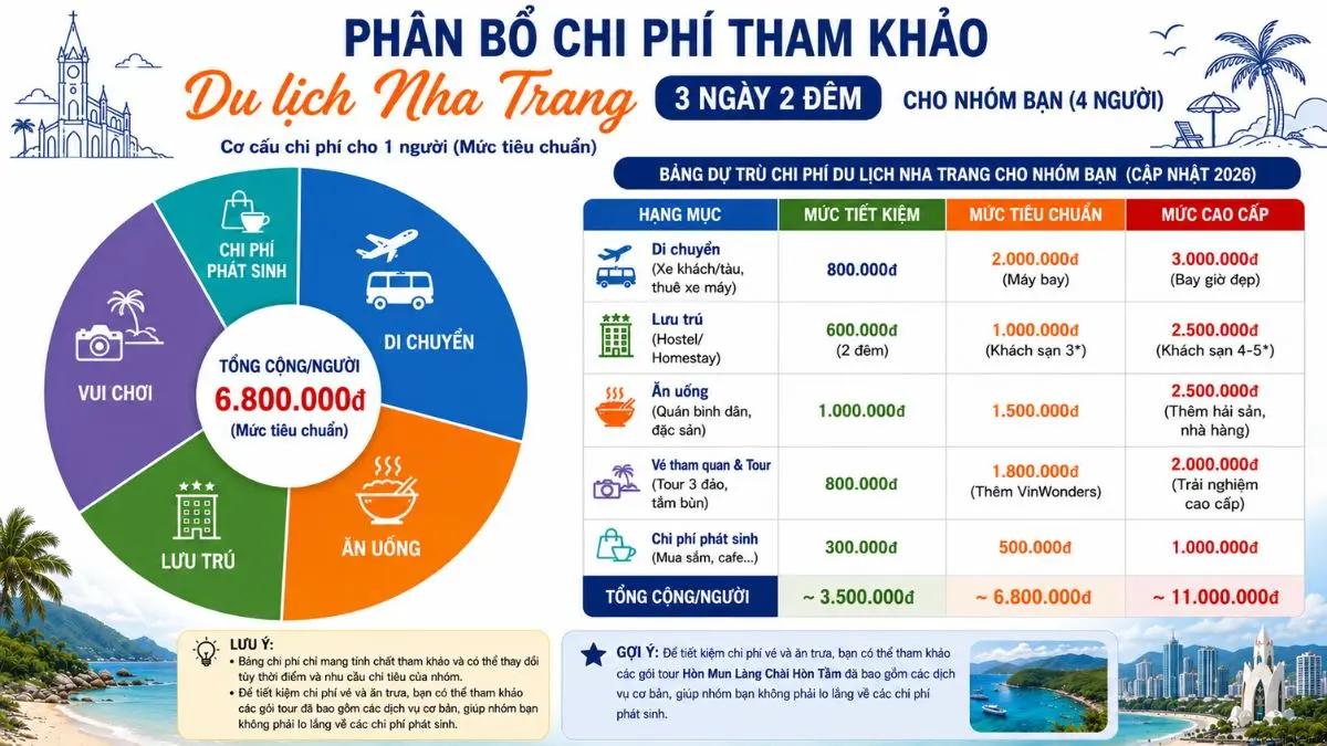 Biểu đồ tròn thể hiện cơ cấu chi phí du lịch Nha Trang, bao gồm các mục di chuyển, ăn uống, lưu trú, vui chơi và chi phí phát sinh