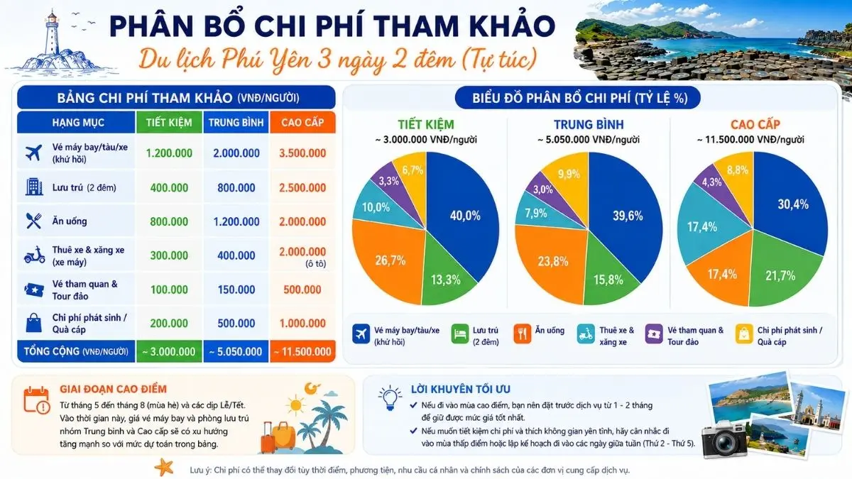 Infographic biểu đồ tròn thể hiện tỷ lệ các khoản chi phí cho chuyến đi Phú Yên, bao gồm lưu trú, ăn uống, di chuyển, vé tham quan và chi phí khác