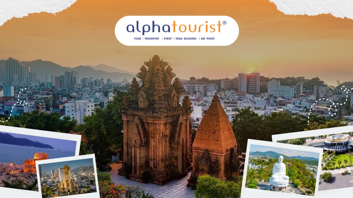 Ảnh ghép 5 địa điểm nổi tiếng ở Nha Trang: Tháp Bà Ponagar cổ kính, Nhà thờ Đá uy nghi, Hòn Chồng với các tảng đá xếp chồng độc đáo, và Chùa Long Sơn, Nhà Yến