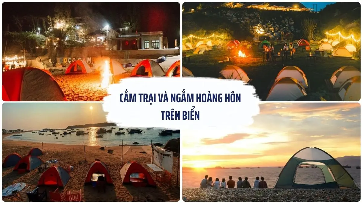 Lều cắm trại trên bãi biển Quy Nhơn lúc hoàng hôn, du khách quây quần bên bếp nướng và ngắm biển