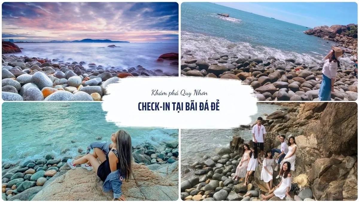 Bãi Đá Đẻ tại Eo Gió Quy Nhơn nổi bật với những viên đá cuội tròn nhẵn bên bờ biển