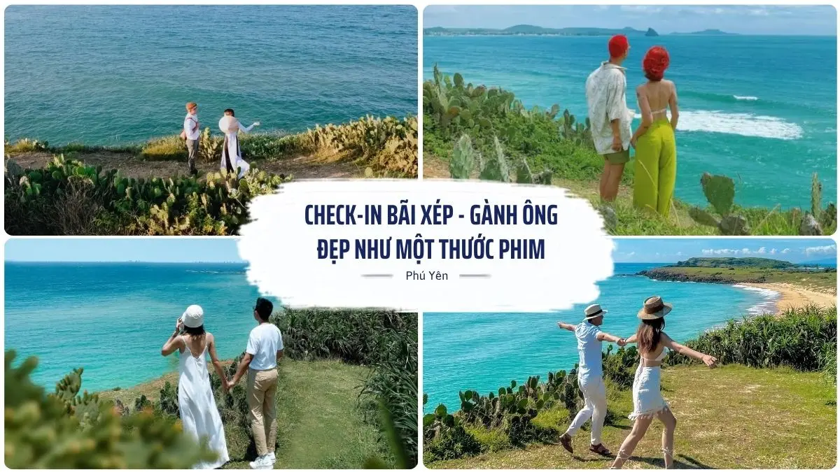 Một cặp đôi đang đứng trên đồi cỏ xanh mướt tại Bãi Xép - Gành Ông, nhìn xuống bãi biển trong xanh bên dưới