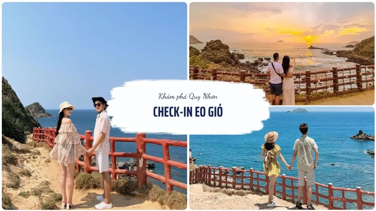 Một cặp đôi trẻ đang chụp ảnh selfie trên con đường đi bộ có lan can đỏ trắng đặc trưng tại Eo Gió Quy Nhơn, phía sau là biển xanh và vách đá
