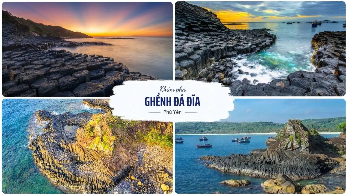 Toàn cảnh Ghềnh Đá Đĩa với những khối đá bazan hình lục giác độc đáo xếp chồng lên nhau bên bờ biển Phú Yên lúc hoàng hôn rực rỡ
