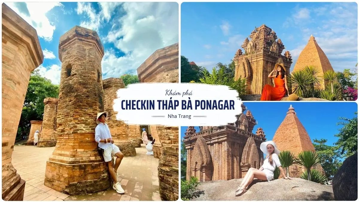 Du khách đang đứng tạo dáng chụp ảnh tại khu di tích Tháp Bà Ponagar cổ kính ở Nha Trang