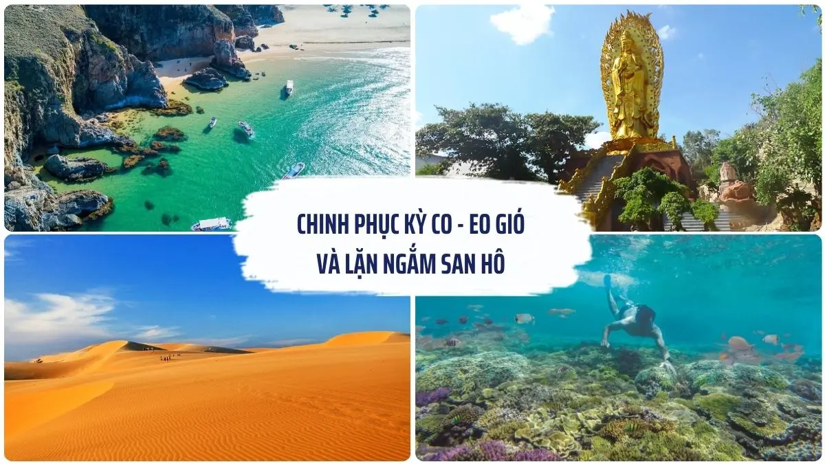 Biển Kỳ Co Quy Nhơn với nước xanh ngọc, cano đưa khách tham quan và hoạt động lặn ngắm san hô