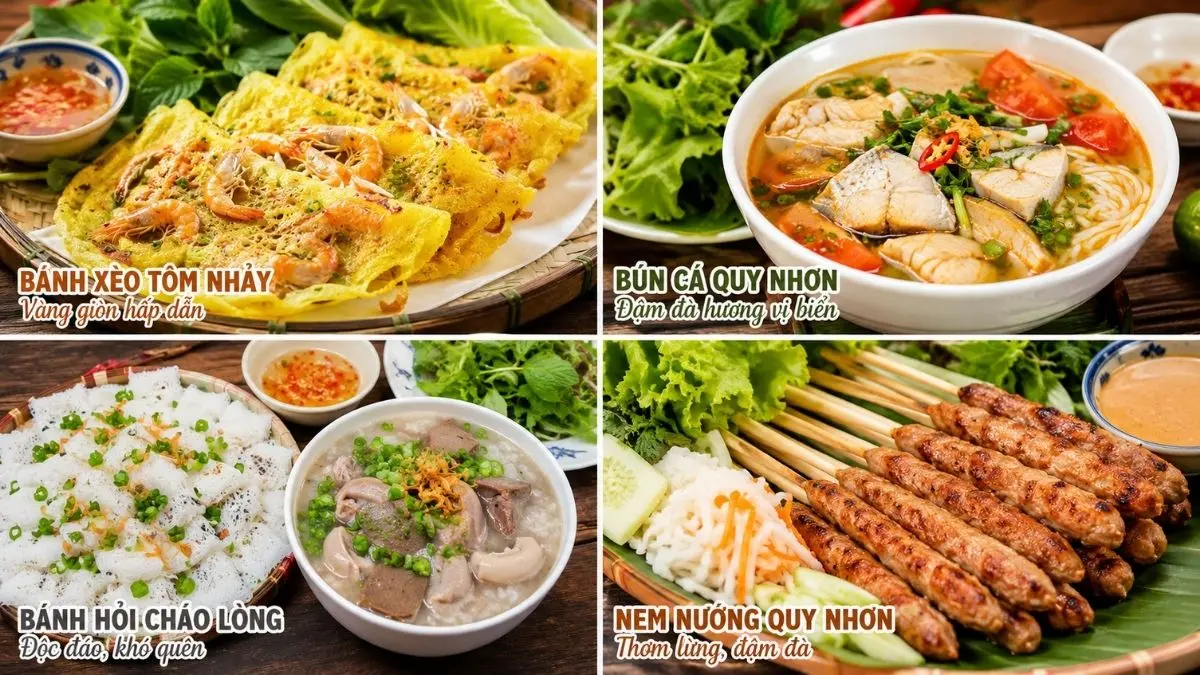 Collage 4 món ăn đặc sản Quy Nhơn: bánh xèo tôm nhảy vàng giòn, bún cá đậm đà, bánh hỏi cháo lòng độc đáo và nem nướng thơm lừng