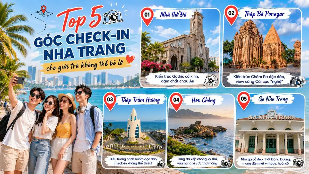 Ảnh ghép 5 địa điểm check-in nổi tiếng ở Nha Trang bao gồm Nhà thờ Đá, Tháp Bà Ponagar, Tháp Trầm Hương, Hòn Chồng và Ga Nha Trang