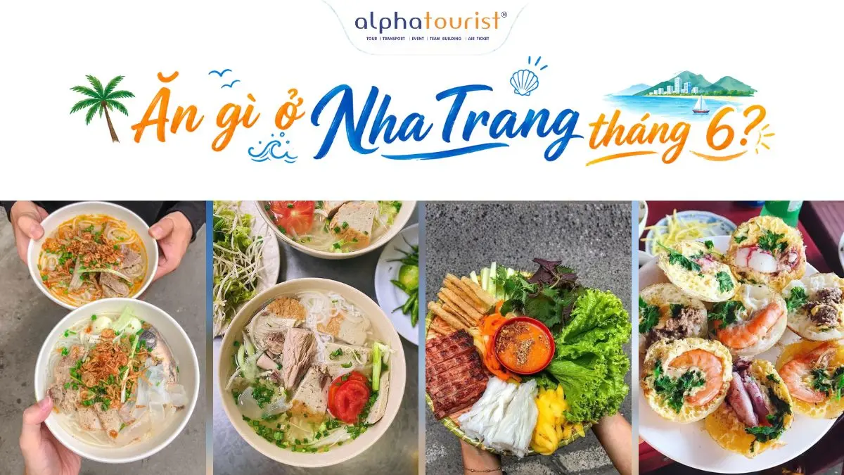 Các món đặc sản Nha Trang được bày biện hấp dẫn trên bàn gỗ, bao gồm bún sứa, nem nướng Ninh Hòa và bánh căn hải sản