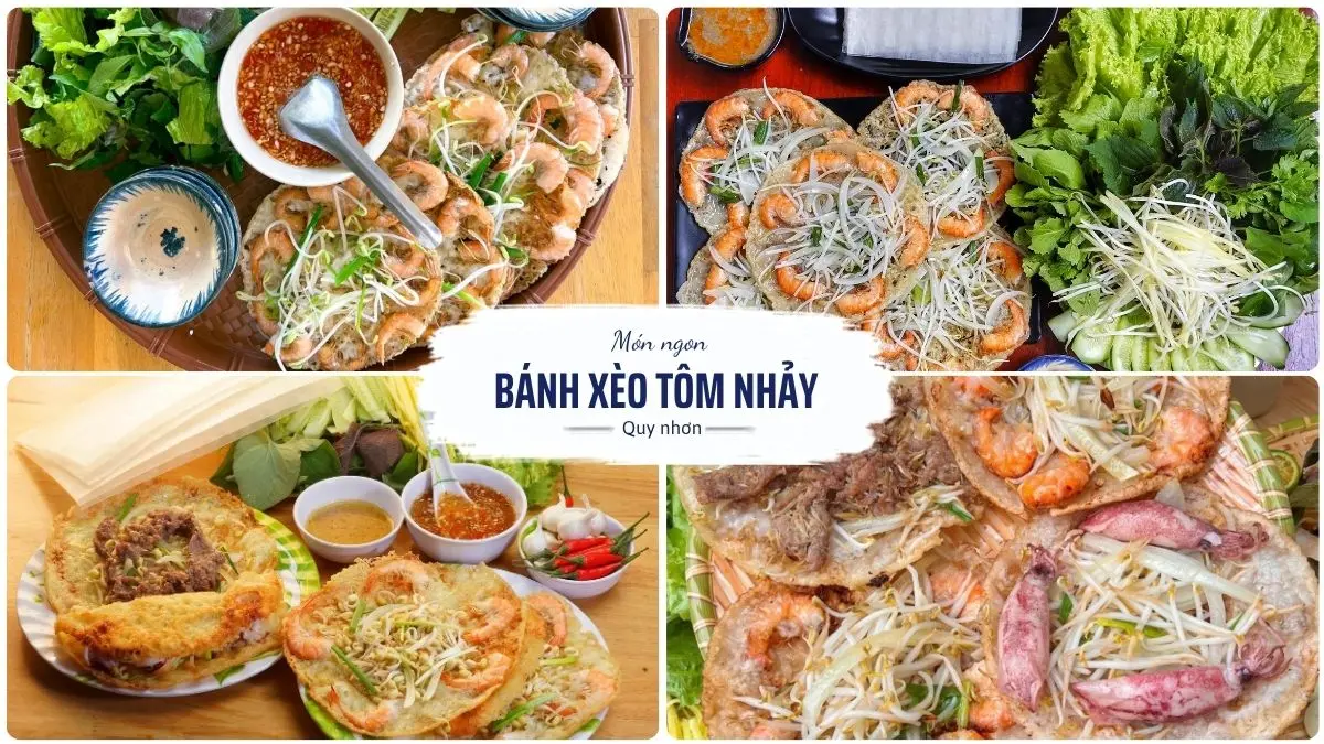 Cận cảnh chiếc bánh xèo tôm nhảy Quy Nhơn vàng giòn với nhân tôm đất đỏ au và giá đỗ, bên cạnh là đĩa rau sống tươi xanh