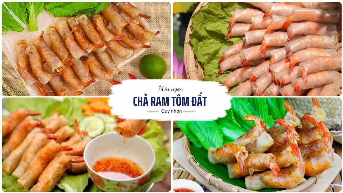Chả ram tôm đất Quy Nhơn vàng giòn với lớp bánh tráng cuốn nhân tôm đất và thịt ba chỉ, ăn kèm rau sống và nước chấm đậm đà