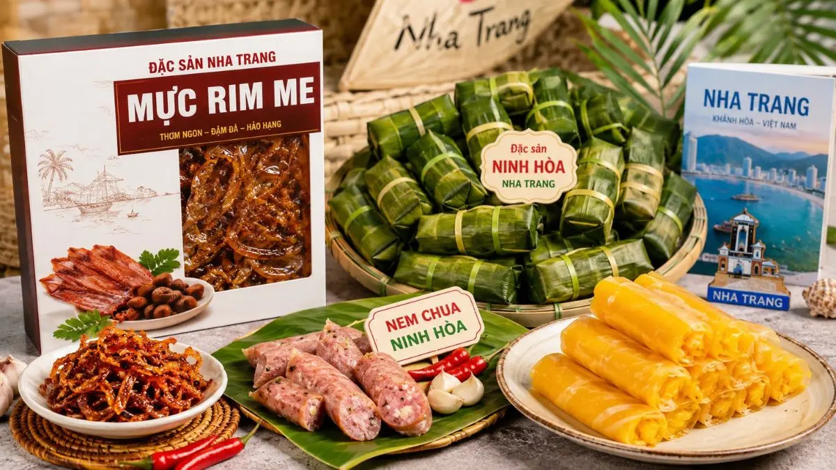 Ảnh chụp sắp đặt các món đặc sản Nha Trang làm quà, bao gồm hộp mực rim me, những chiếc nem chua Ninh Hòa được gói lá chuối, và các cuộn bánh tráng xoài màu vàng óng