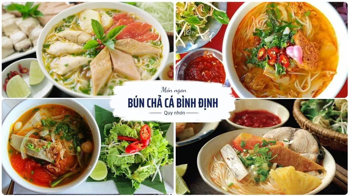 Một tô bún chả cá Quy Nhơn đầy đặn với chả cá chiên vàng, chả cá hấp trắng, hành ngò và nước dùng trong vắt