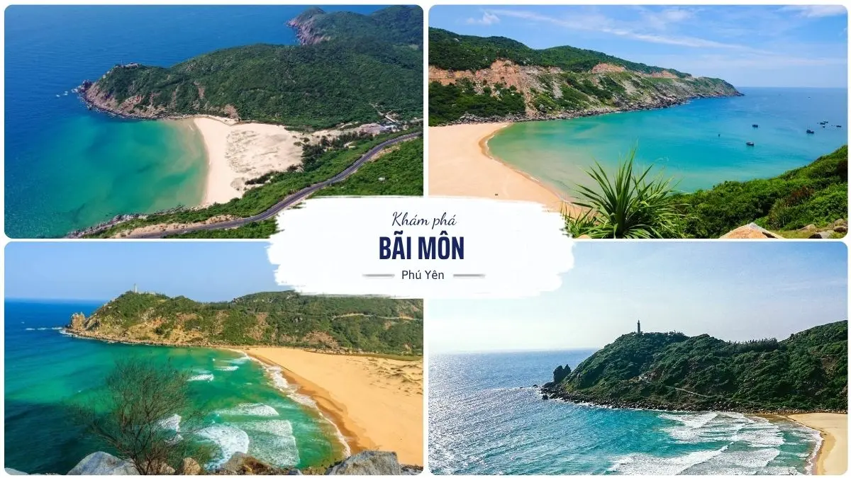 Toàn cảnh Bãi Môn, Phú Yên vào buổi sáng sớm với bãi cát vàng trải dài và làn nước biển trong xanh, không có bóng người