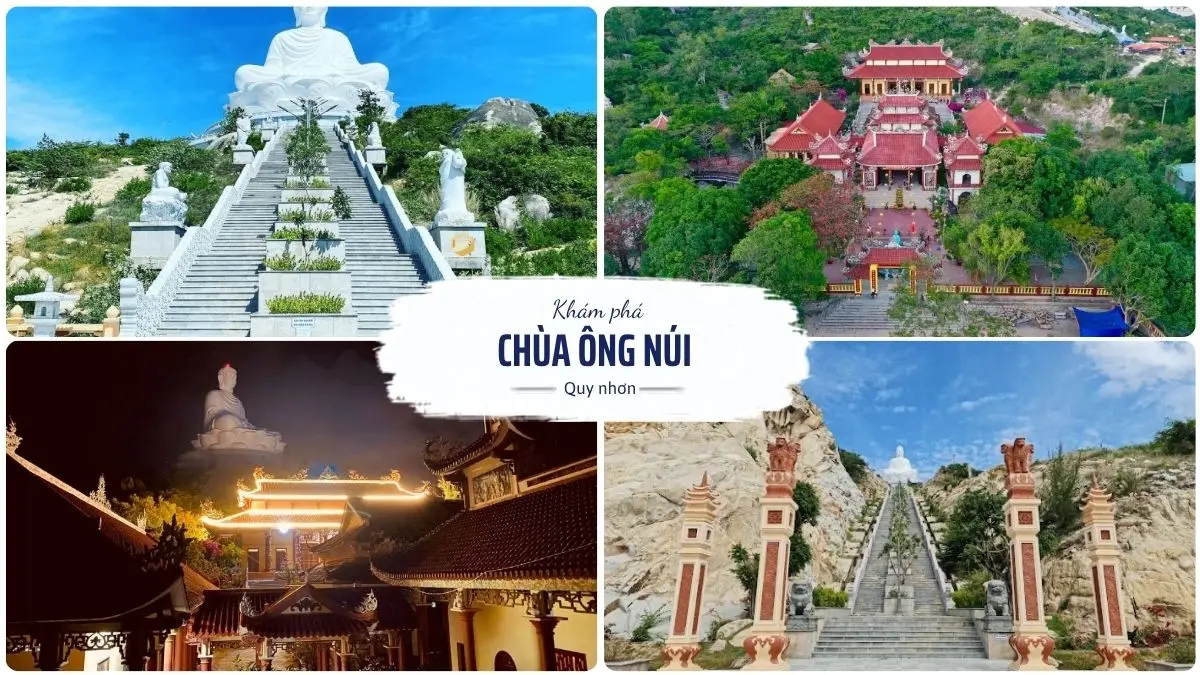 Chùa Ông Núi Quy Nhơn nổi bật với tượng Phật ngồi lớn hướng ra biển và khung cảnh núi non thanh tịnh