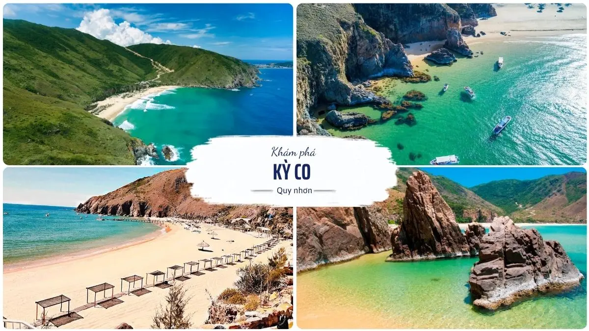 Hình ảnh bãi biển Kỳ Co Quy Nhơn với làn nước xanh trong như ngọc, bãi cát trắng mịn và khung cảnh thiên nhiên hoang sơ tuyệt đẹp