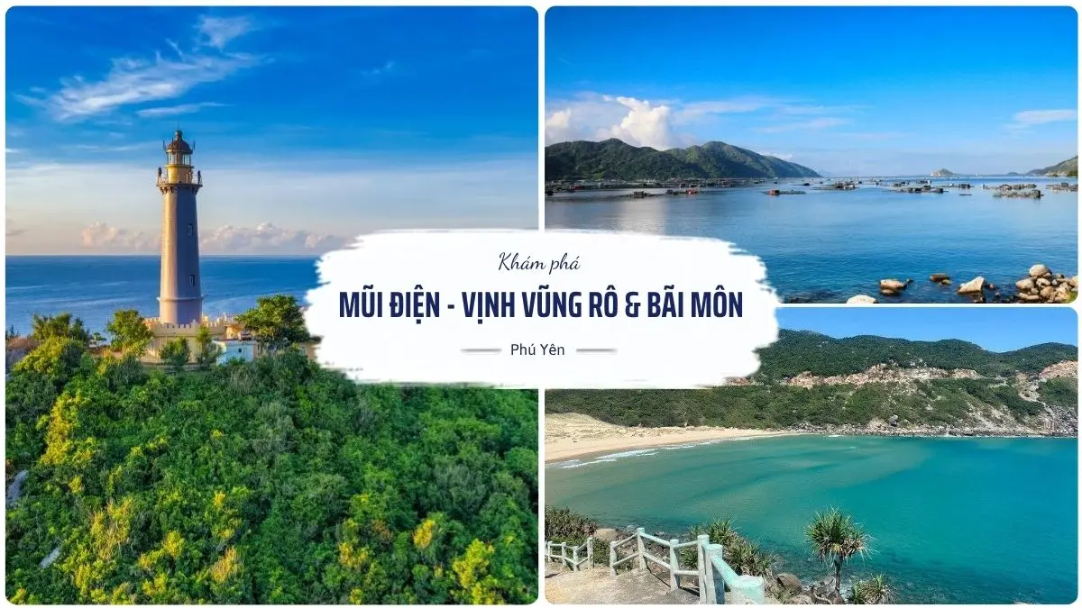 Hình ảnh tổng hợp Mũi Điện, Bãi Môn và Vịnh Vũng Rô Phú Yên với khung cảnh bình minh, biển xanh và thiên nhiên hoang sơ