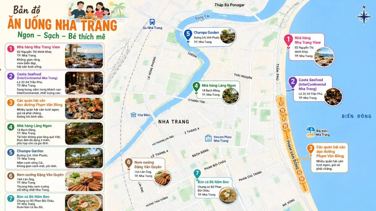 Hình ảnh tổng hợp các nhà hàng, quán ăn gia đình và món đặc sản nổi tiếng tại Nha Trang với không gian rộng rãi và thực đơn đa dạng