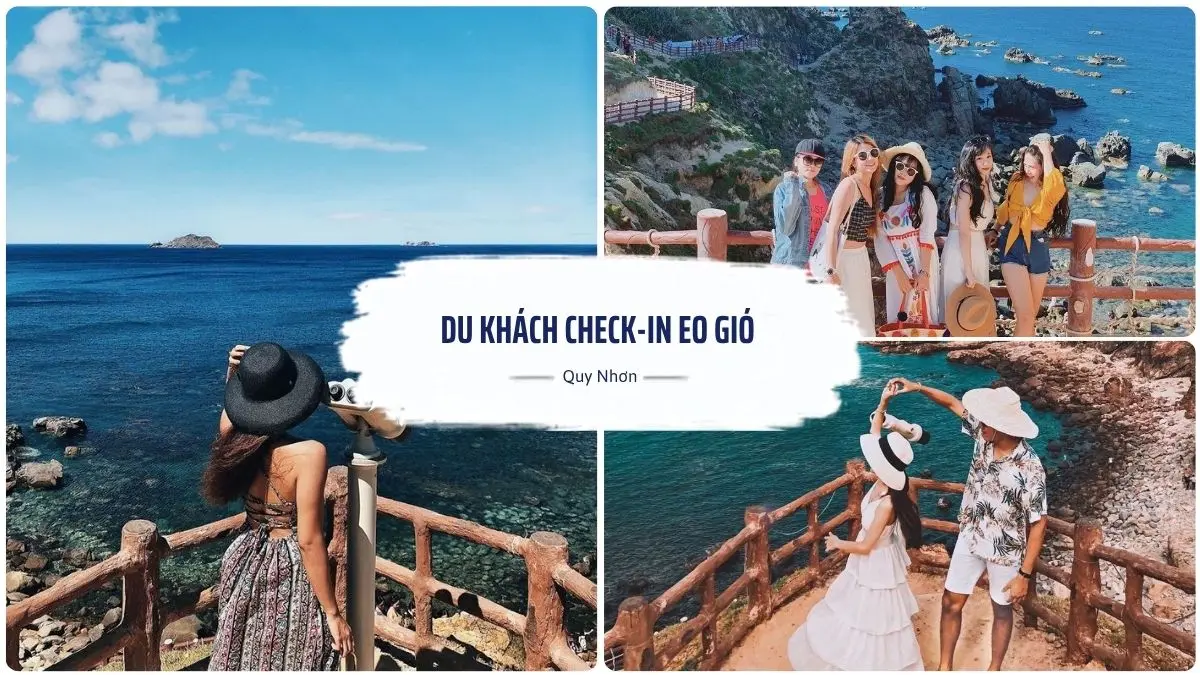 Một nhóm khách hàng đang chụp ảnh kỷ niệm tại con đường đi bộ ven biển ở Eo Gió, Quy Nhơn trong một ngày nắng đẹp