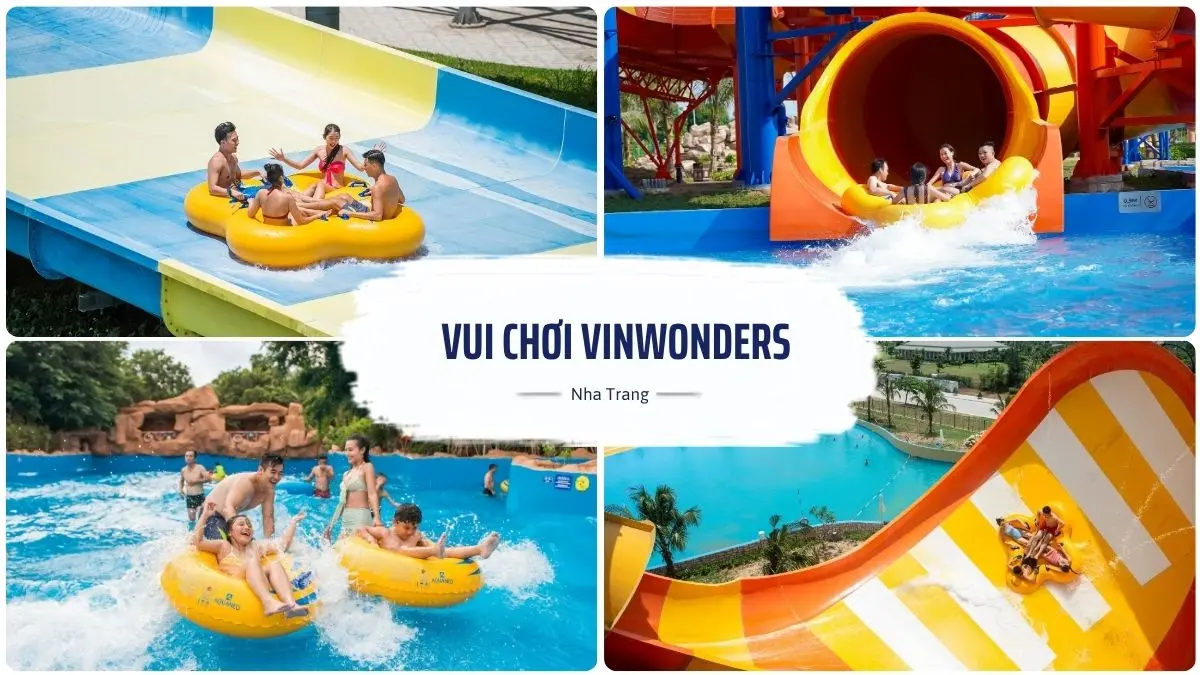 Một nhóm bạn đang trượt trên đường trượt nước nhiều màu sắc tại công viên nước VinWonders Nha Trang, nước bắn tung tóe tạo nên không khí vui nhộn
