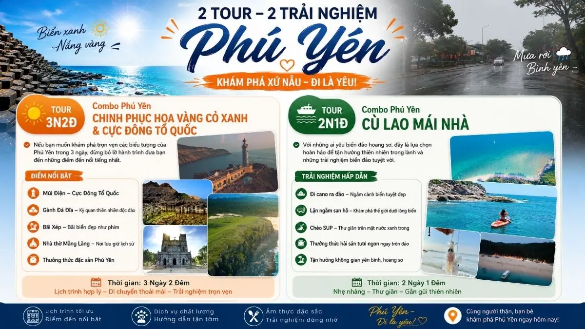 Tổng hợp các hoạt động hấp dẫn trong tour Phú Yên, bao gồm lặn biển, tham quan Gành Đá Đĩa và đón bình minh