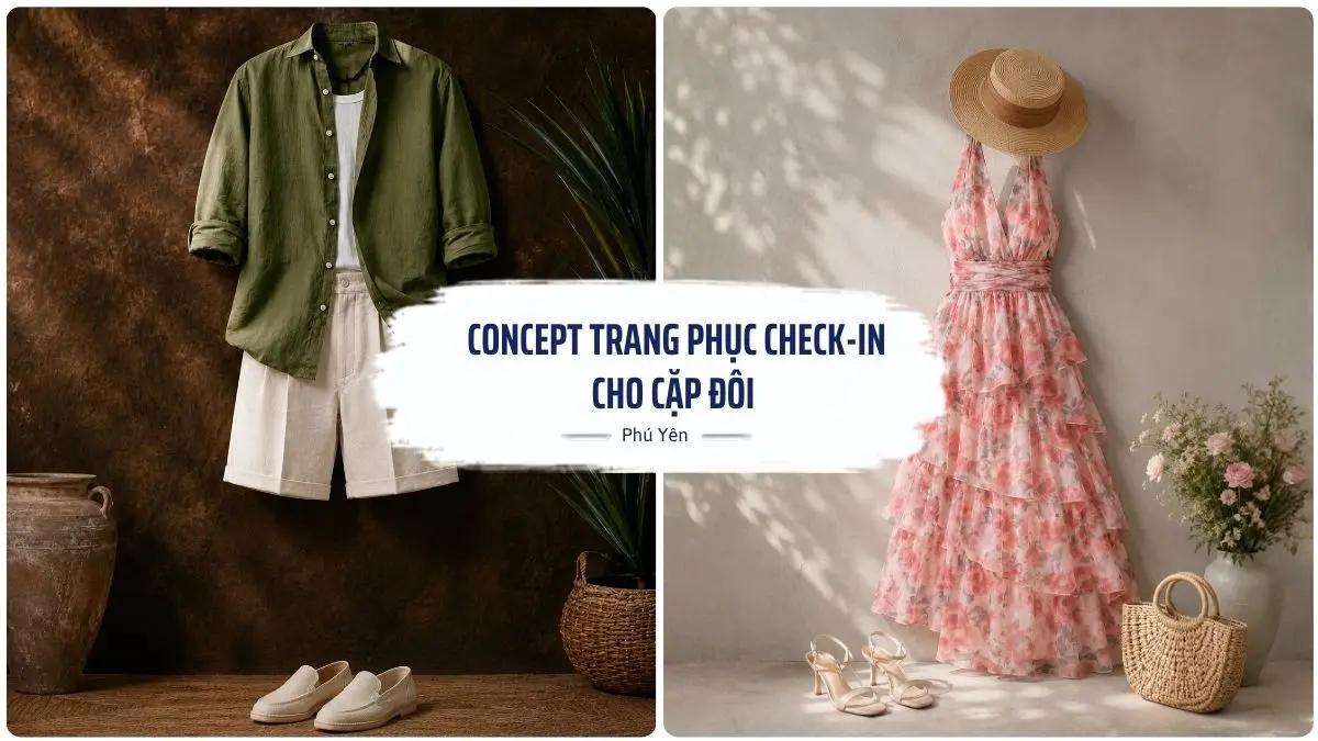 Ảnh chụp flatlay gợi ý trang phục cho cặp đôi đi du lịch Phú Yên, bao gồm áo sơ mi linen, quần short cho nam và váy maxi hoa, mũ cói cho nữ