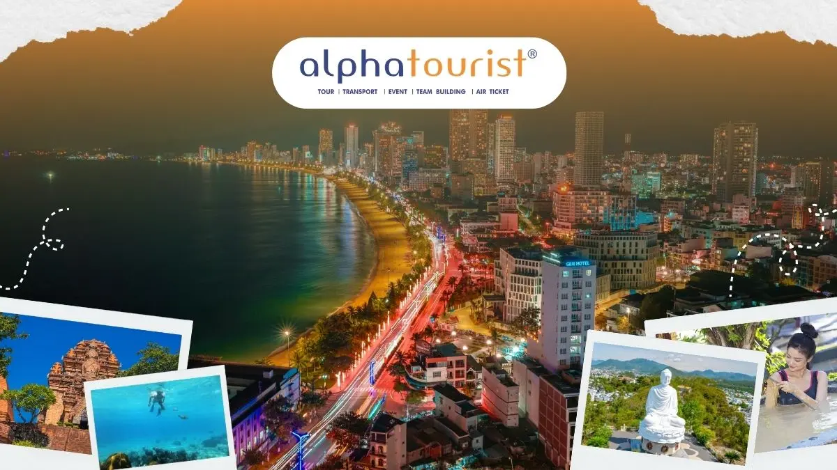 Ảnh ghép 4 hoạt động nổi bật ở Nha Trang: lặn biển ngắm san hô, chơi trò cảm giác mạnh ở VinWonders, tham quan Tháp Bà Ponagar, và thư giãn tắm bùn