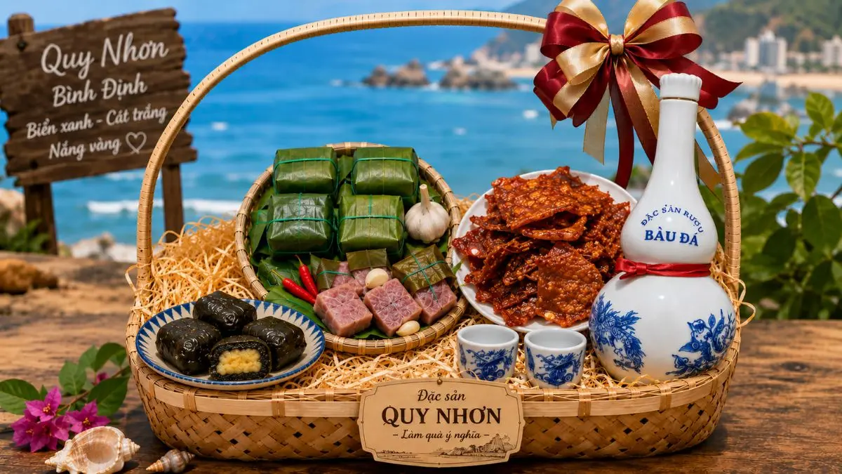 Một giỏ quà được sắp xếp đẹp mắt bao gồm các đặc sản Quy Nhơn làm quà như bánh ít lá gai, nem chợ Huyện, mực rim và rượu Bàu Đá