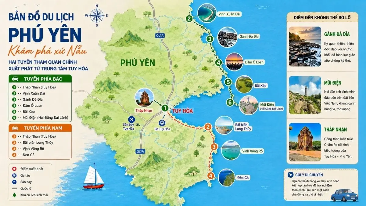 Infographic bản đồ du lịch tỉnh Phú Yên, thể hiện các cụm điểm tham quan chính theo tuyến Bắc và tuyến Nam, bao gồm các biểu tượng cho Gành Đá Dĩa, Mũi Điện và Tháp Nhạn