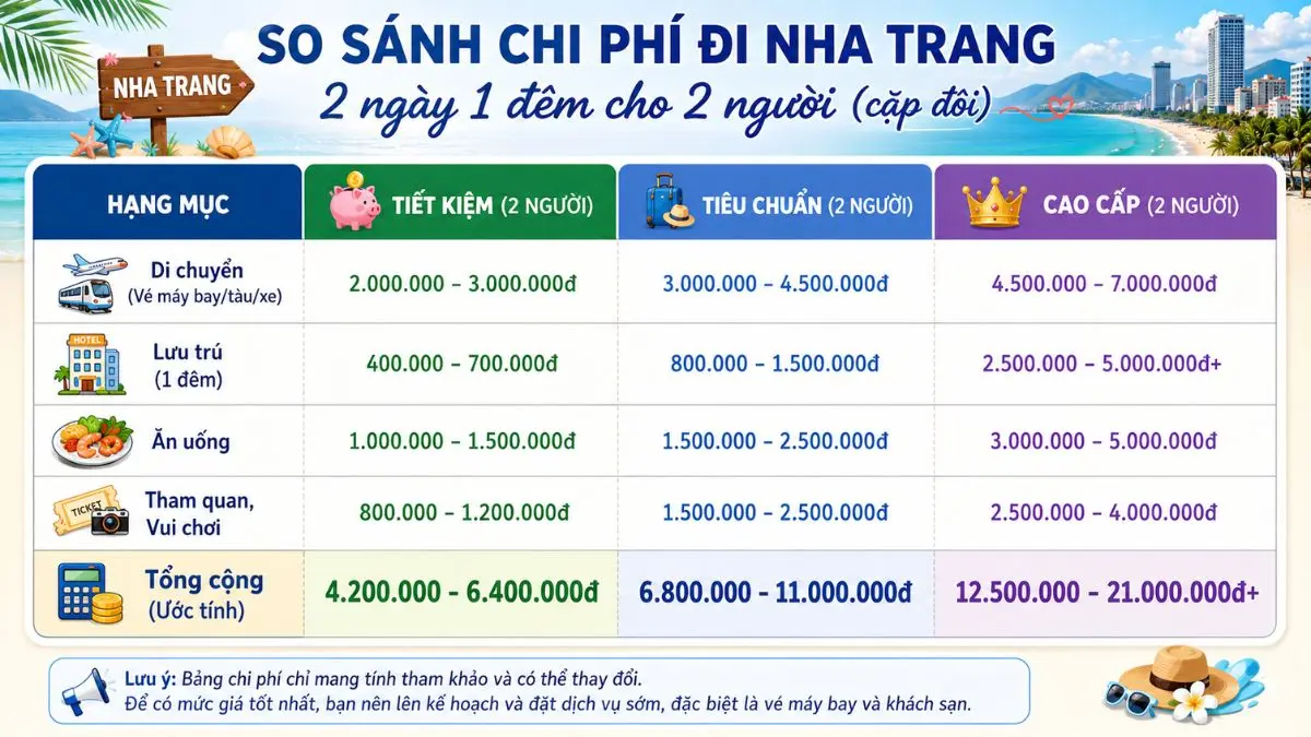 Bảng thông tin infographic so sánh chi phí đi Nha Trang 2 ngày 1 đêm cho 2 người ở 3 mức: Tiết kiệm, Tiêu chuẩn và Cao cấp, bao gồm các hạng mục di chuyển, khách sạn, ăn uống và vé tham quan