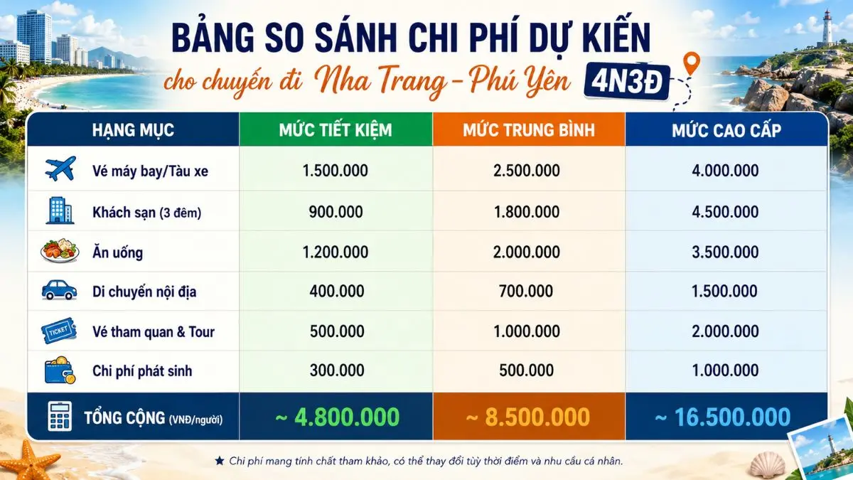 Infographic chi phí dự kiến cho chuyến đi Nha Trang Phú Yên 4N3Đ, phân chia theo ba mức ngân sách: Tiết kiệm, Trung bình và Cao cấp