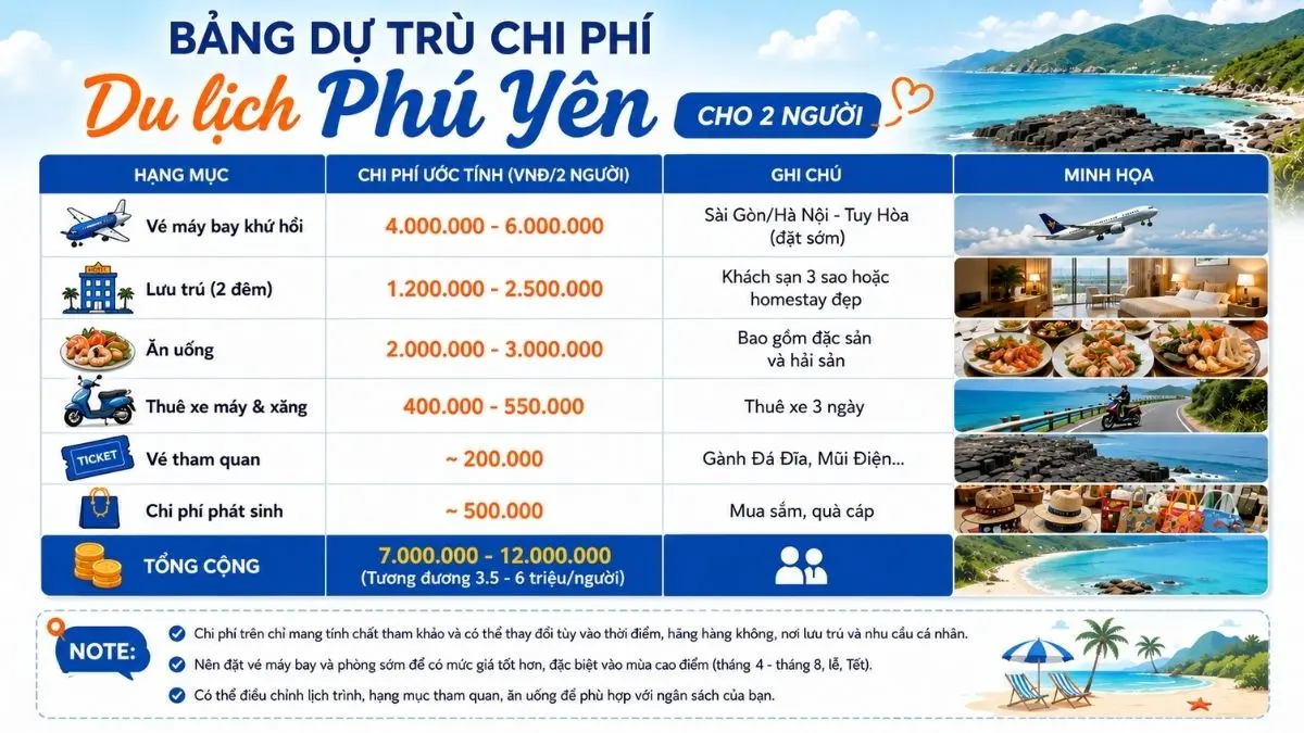 Infographic chi tiết về chi phí du lịch Phú Yên cho 2 người, phân chia các hạng mục vé máy bay, lưu trú, ăn uống, di chuyển và vé tham quan