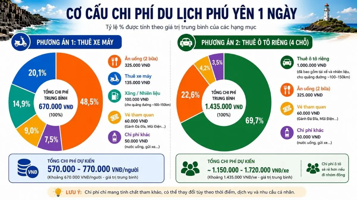 Infographic hình tròn thể hiện tỷ lệ các khoản chi phí khi đi du lịch Phú Yên 1 ngày, bao gồm di chuyển, ăn uống, vé tham quan và chi phí khác