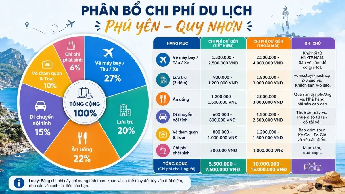 Infographic biểu đồ tròn thể hiện phân bổ chi phí du lịch Phú Yên Quy Nhơn, bao gồm di chuyển, lưu trú, ăn uống, vui chơi và chi phí phát sinh. Hình ảnh chỉ mang tính chất minh họa