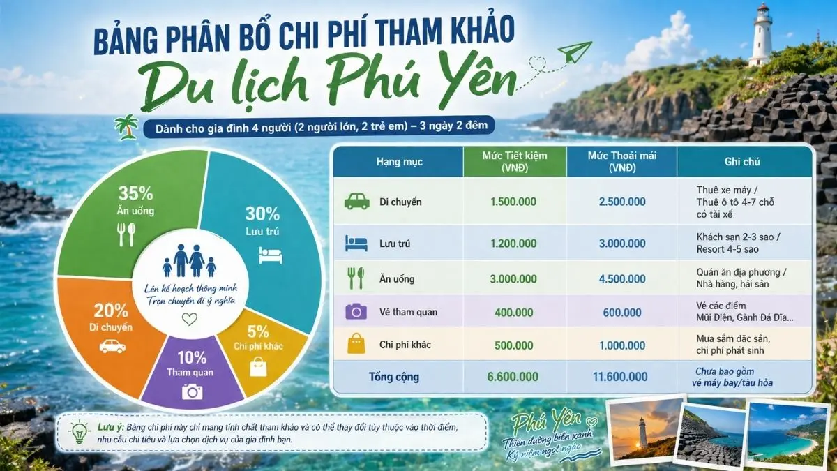 Infographic biểu đồ tròn thể hiện cơ cấu chi phí du lịch Phú Yên, bao gồm các mục: Ăn uống 35%, Lưu trú 30%, Di chuyển 20%, Tham quan 10%, và Chi phí khác 5%