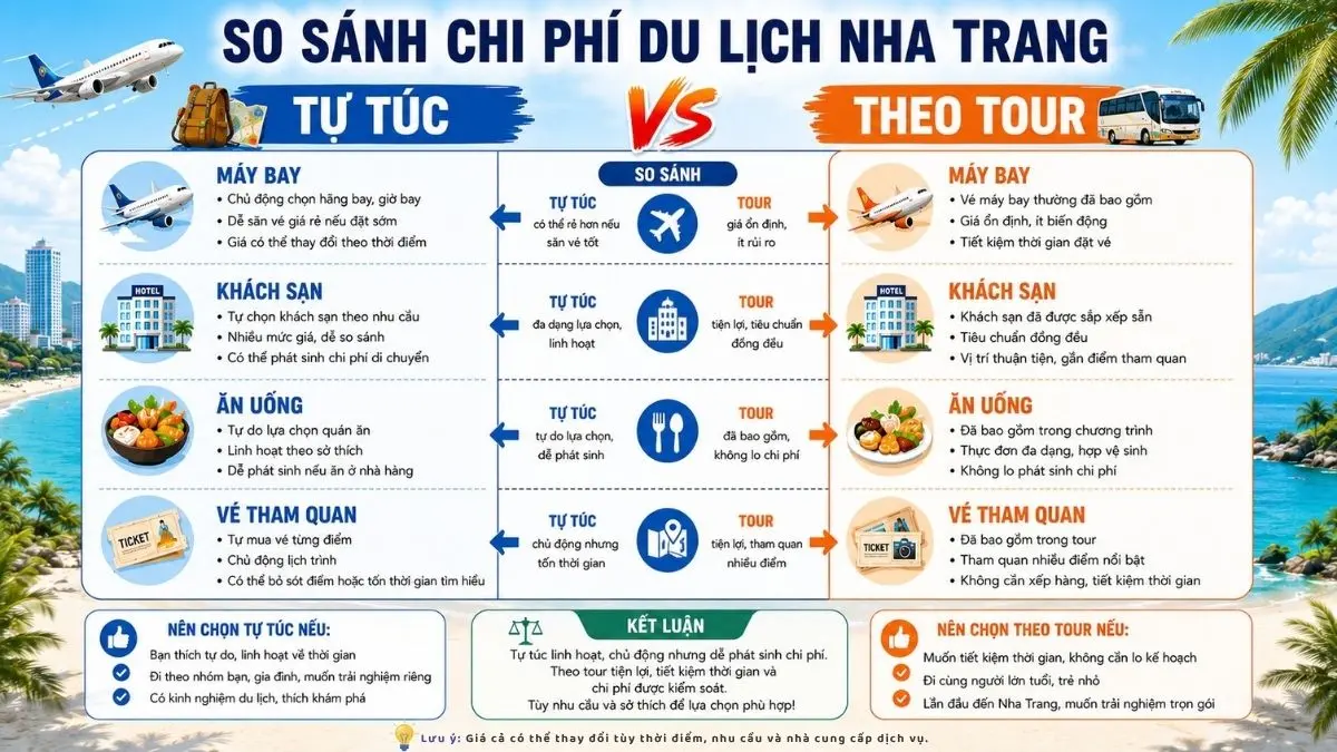 Infographic so sánh chi phí du lịch Nha Trang tự túc và theo tour, với các biểu tượng cho máy bay, khách sạn, ăn uống và vé tham quan