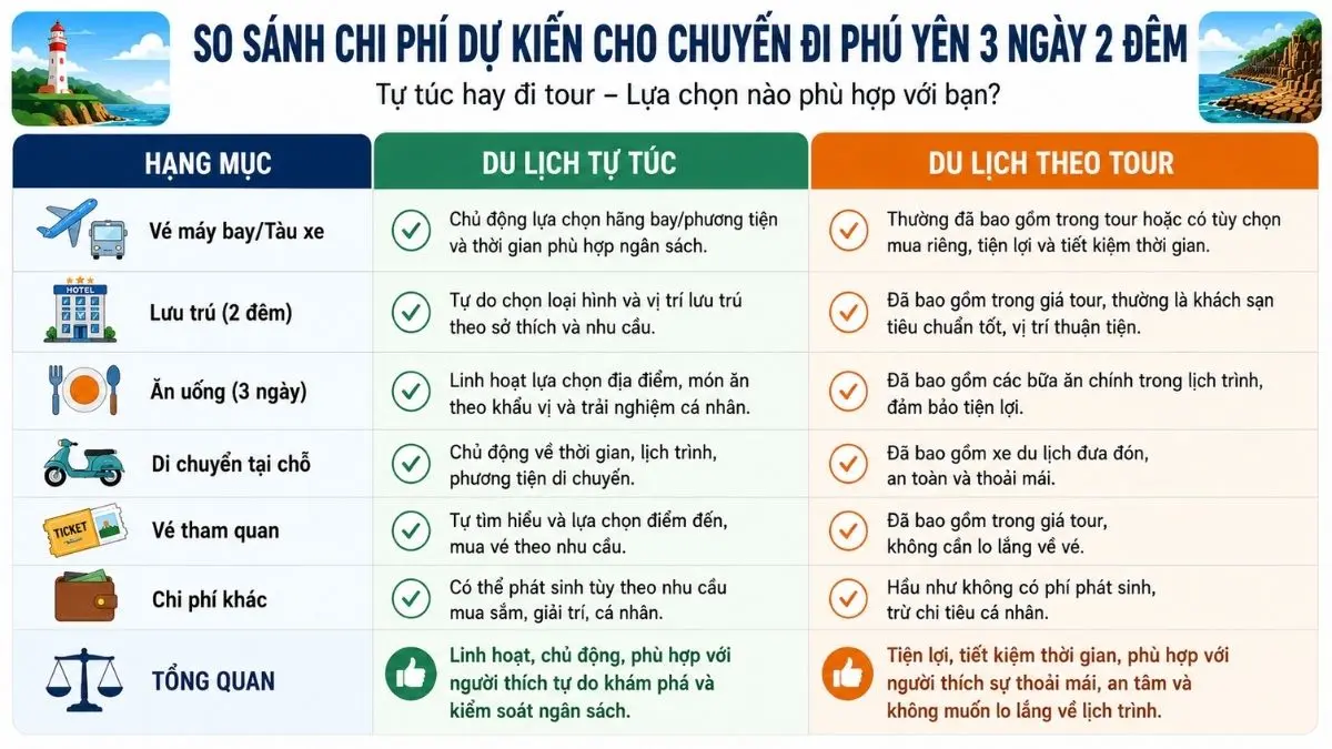Infographic so sánh chi phí du lịch Phú Yên tự túc và theo tour với các hạng mục vé máy bay, lưu trú, ăn uống, di chuyển và vé tham quan