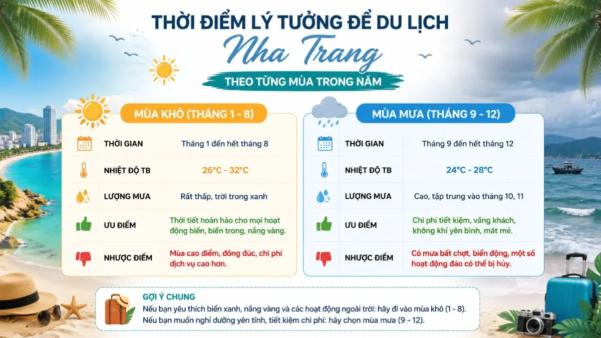 Infographic so sánh mùa khô và mùa mưa ở Nha Trang với các biểu tượng về thời tiết, hoạt động du lịch và mức độ đông đúc của du khách