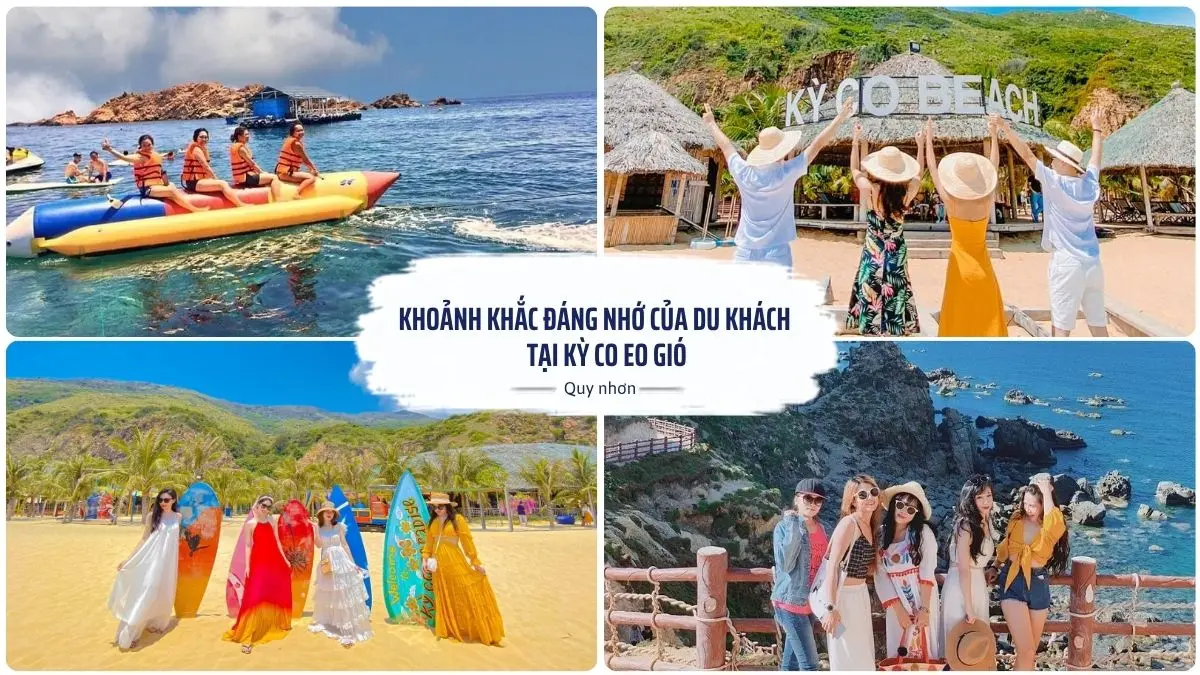 Ảnh ghép các đoàn khách du lịch của Alpha Tourist đang vui vẻ trải nghiệm tại Kỳ Co và Eo Gió ở Quy Nhơn, thể hiện sự hài lòng và tin tưởng